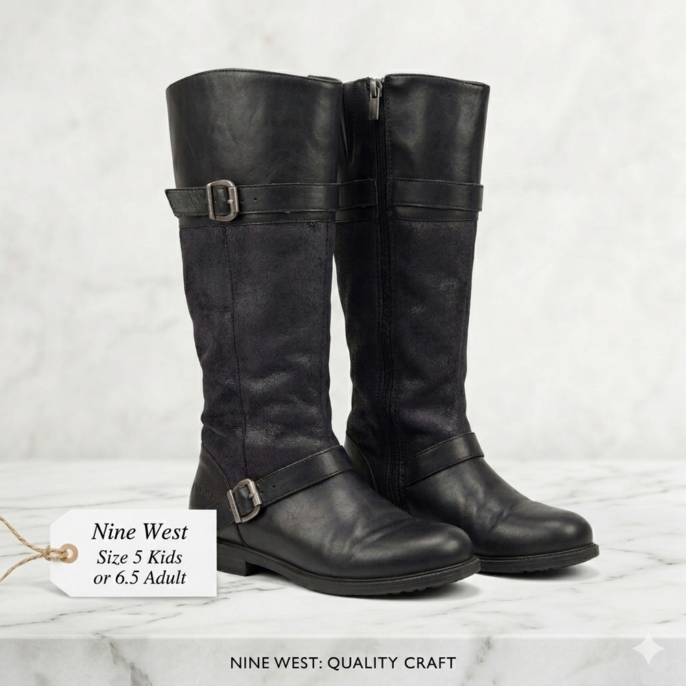 Nine West Black Rugged Tall Buckle Boots - Size 5 Kids / 6.5 Women’s